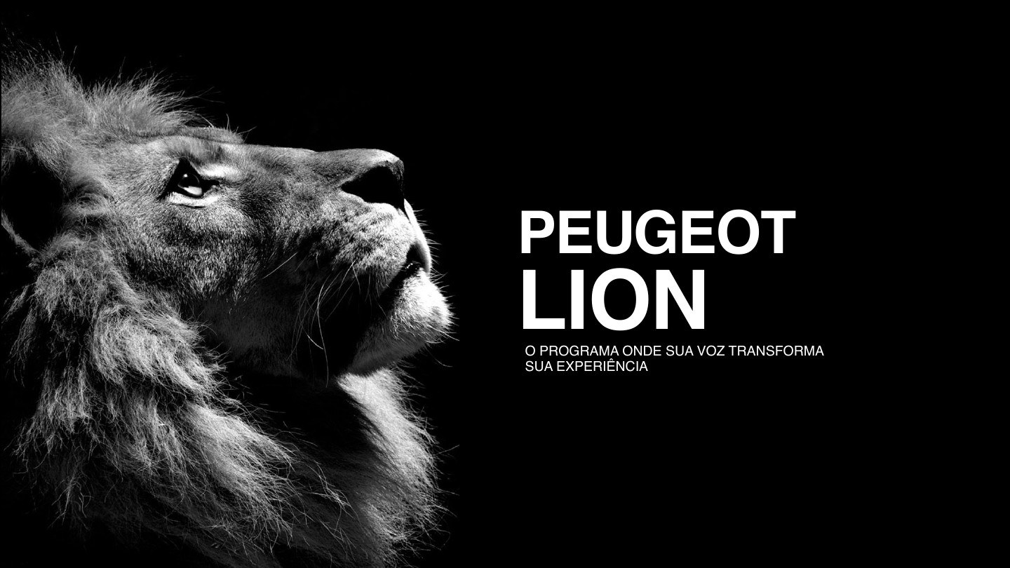 Apresentação do conceito Peugeot Lion com a imagem de um leão em fundo escuro.