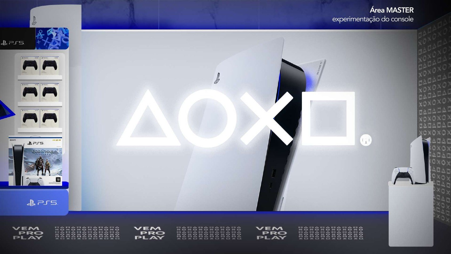 Render de proposta de corner PlayStation, com produtos e identidade visual azul.